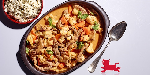 Émincé de bœuf au curry rouge et duo de chou-fleur