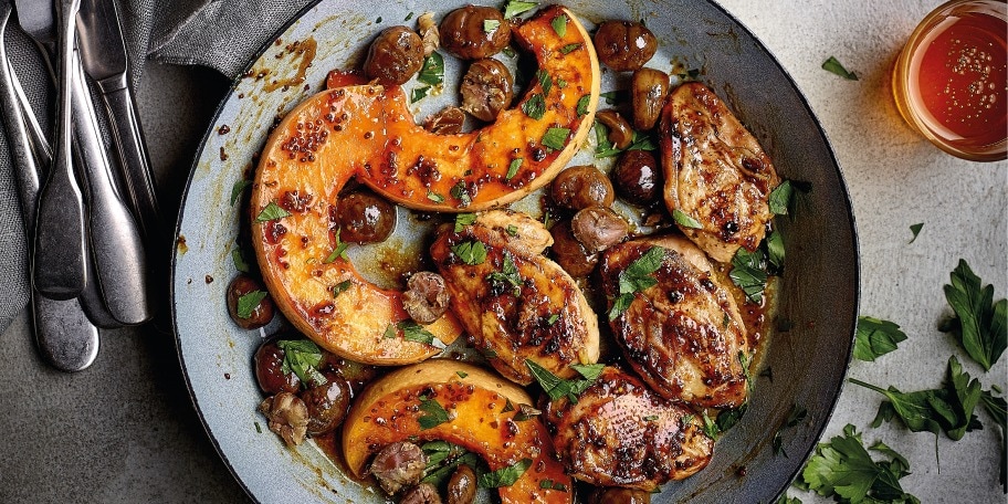 Filets de perdreau au miel, moutarde, marrons et potiron