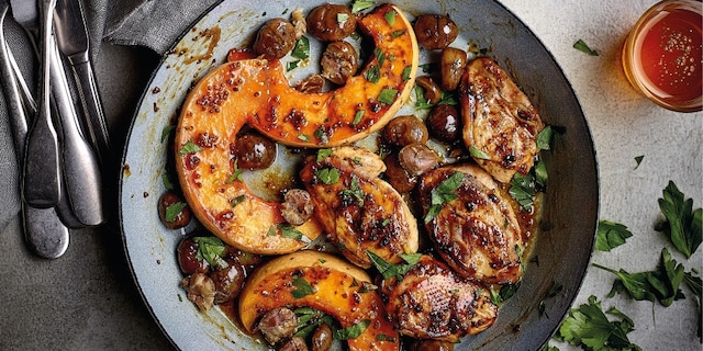 Filets de perdreau au miel, moutarde, marrons et potiron