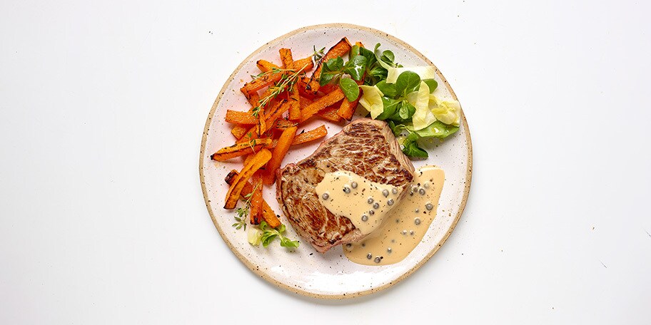 Chateaubriand, sauce au poivre vert express et frites de butternut