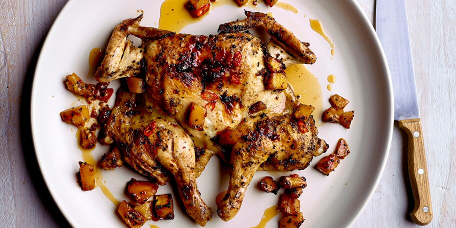 Poulet en crapaudine rôti à la mangue