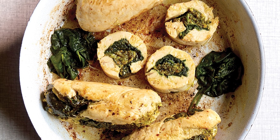 Kalkoenrollades met pesto en spinazie
