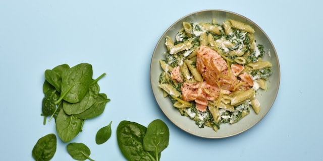 Penne met ricotta, spinazie en gegrilde zalm