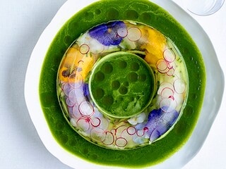 Komkommergazpacho en ijsblokjes van bloemen