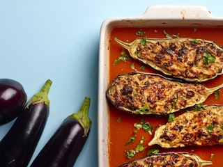 Gevulde aubergine met kip