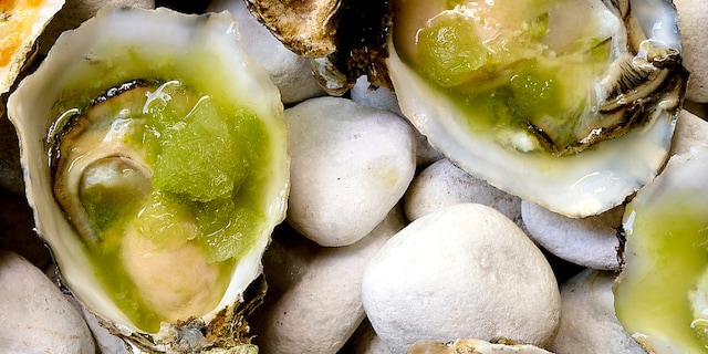 Oesters met granité van groene appel