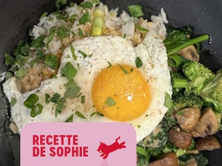 Riz sauté aux légumes verts, œufs sur le plat et sauce aux cacahuètes