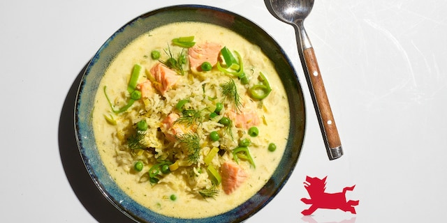 Soupe-repas au riz, saumon et poireaux