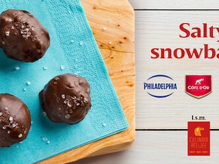 Gezouten sneeuwballen met Côte d'Or chocolade, Oreo & Philadephia. 