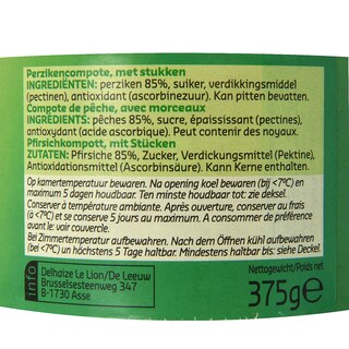 Delhaize | Compote | Pêches | Morceaux 365 gr