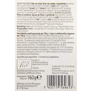 Delhaize | Plant-Based | Burger | Groenten | Vegan | Bio 160 gr
