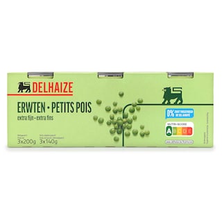 Delhaize | Petits pois | Etuvées | Extra fins | Boîte 