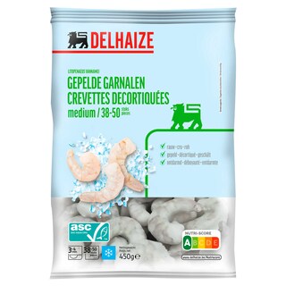 Delhaize | Crevettes | Décortiquées avec queue | M 38/50 450 gr