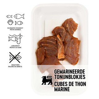 Delhaize | Gemarineerde tonijn | Blokjes 