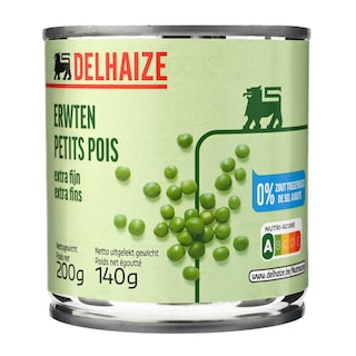 Delhaize | Petits pois | Etuvées | Extra fins | Boîte 