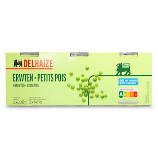 Delhaize | Petits pois | Etuvées | Extra fins | Boîte 