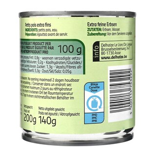 Delhaize | Petits pois | Etuvées | Extra fins | Boîte 