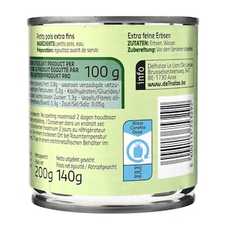 Delhaize | Petits pois | Etuvées | Extra fins | Boîte 