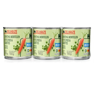 Delhaize | Petits pois-Carottes | Extra fins | Boîte 3 x 130 gr