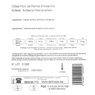 Delhaize | Côtes | Porc Ferme | D'Ardenne +/- 300 gr