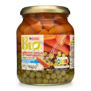 Delhaize | Bio | Doperwten-Wortelen | Extra fijn | Bio |Bokaal 