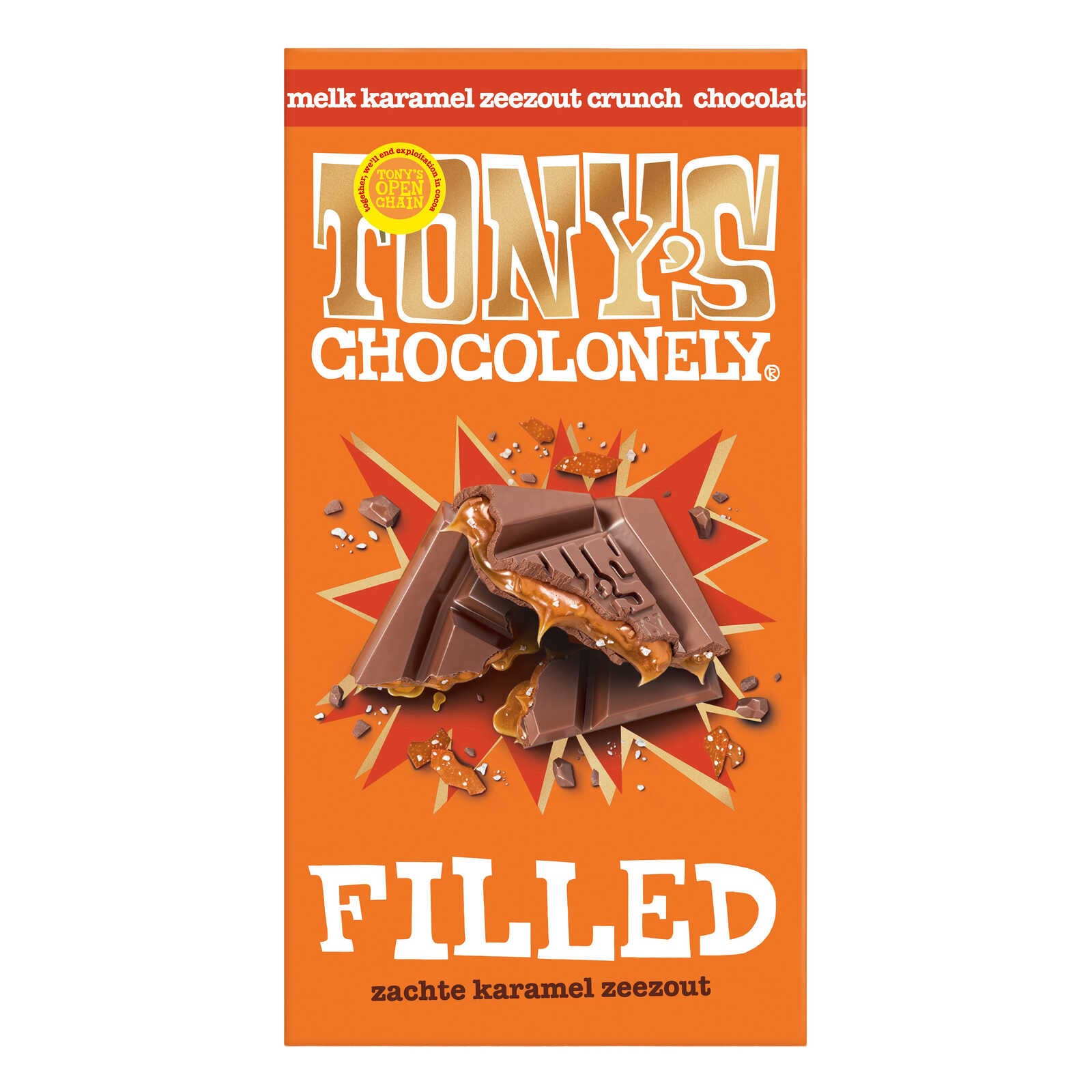 Tony's Chocolonely Chocolade|Melk|Gevuld met karamel zeezout