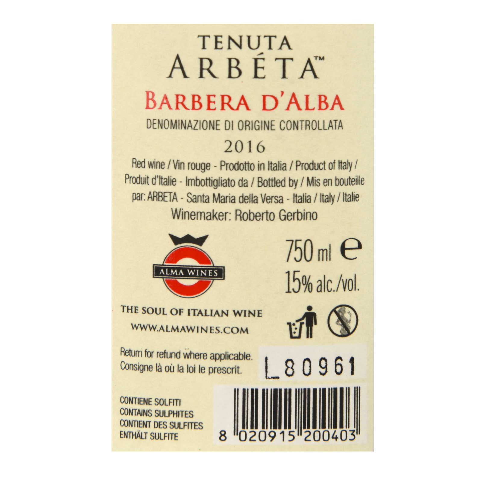 ITALIA PIEMONTE DOC | Arbeta Barbera D'Alba 2016 