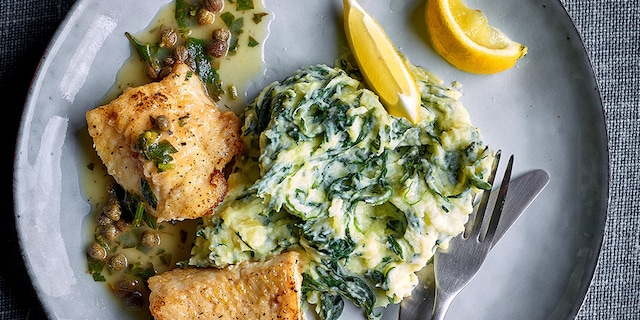 Piccata de loup, stoemp aux épinards et ricotta