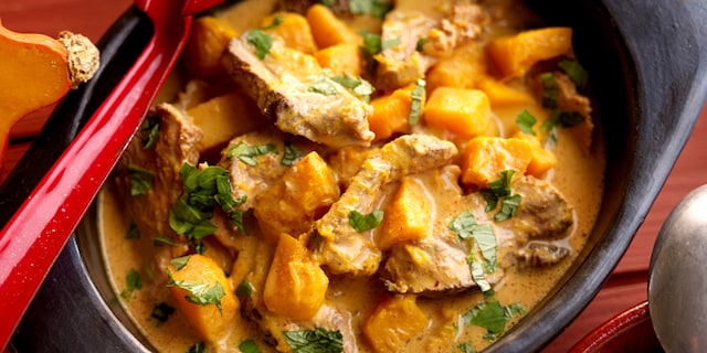 Curry van eendenborst met kastanjepompoen