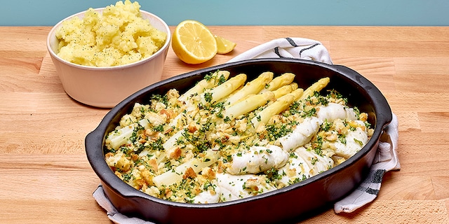 Pladijsfilet en asperges met&nbsp;crumble&nbsp;van citroen en peterselie 