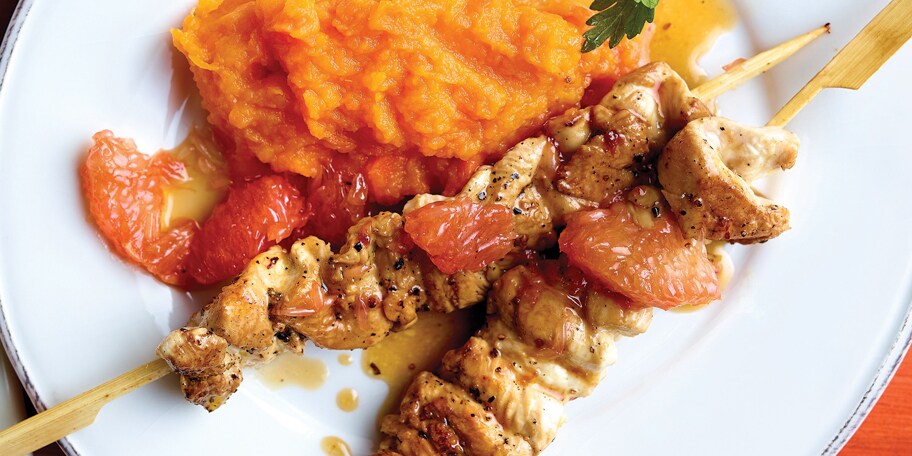 Brochettes de dinde au pamplemousse rose et au miel