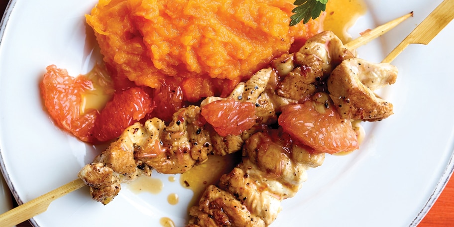 Brochettes de dinde au pamplemousse rose et au miel