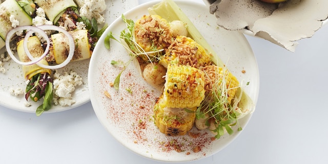 Gegrilde mais en bloemkoolcreme met knoflooke