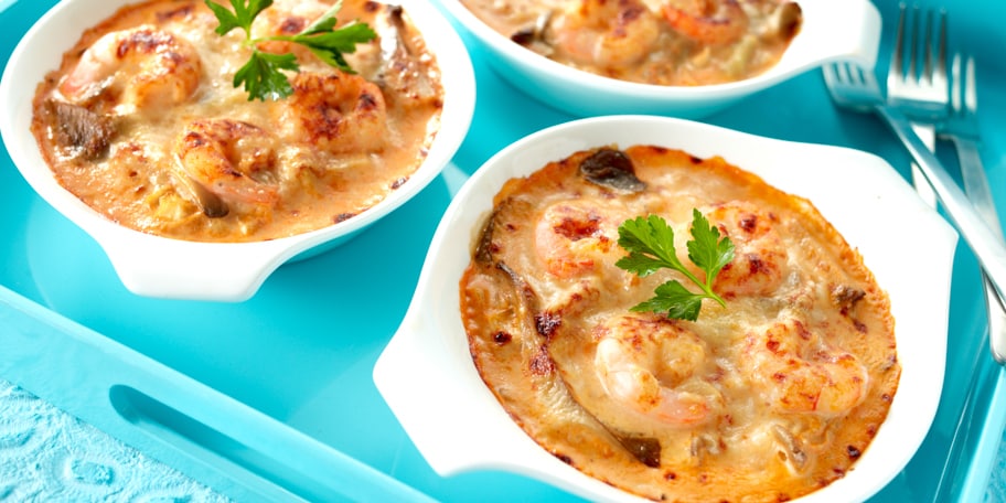 Gratin de légumes aux crevettes géantes