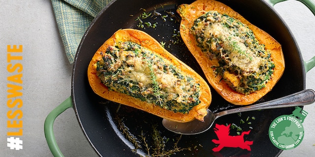 Gevulde butternut met vlees, ricotta en spinazie