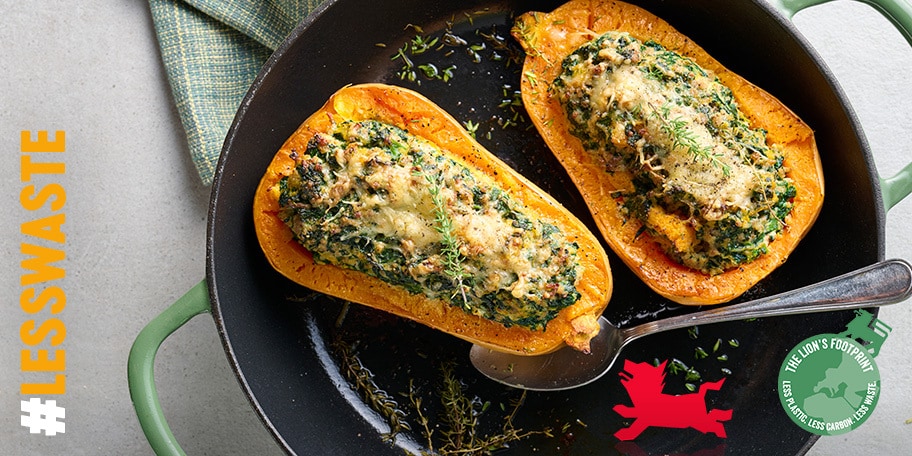 Gevulde butternut met vlees, ricotta en spinazie