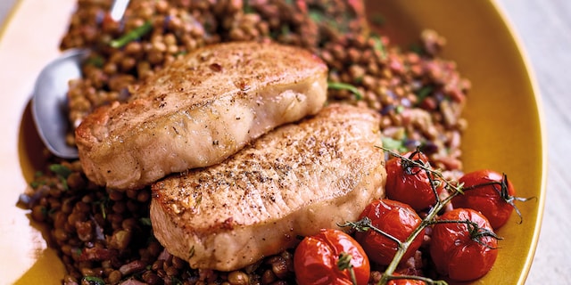 Escalopes de porc ibérique et salade chaude de lentilles
