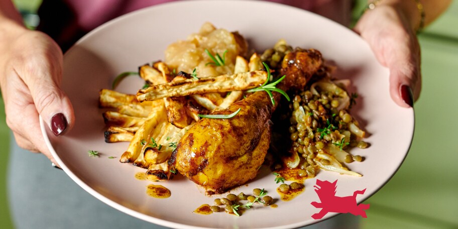 Poulet rôti aux lentilles et compote pomme-poire