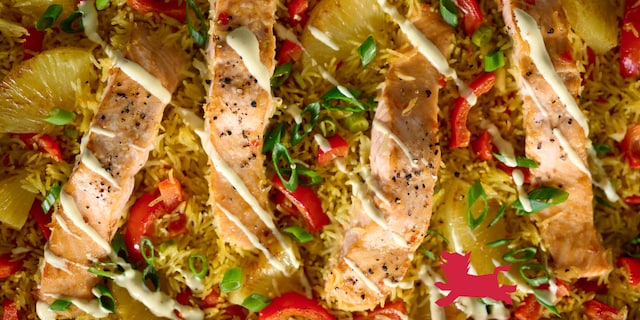 Traybake met rijst Hawaï en zalm