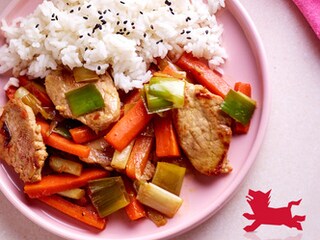 Émincé de porc sauté aux carottes, poireaux et miel