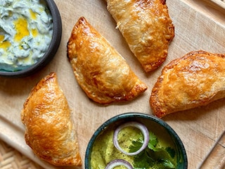 Empanada’s, guacamole van broccoli en erwtjes, yoghurtsaus