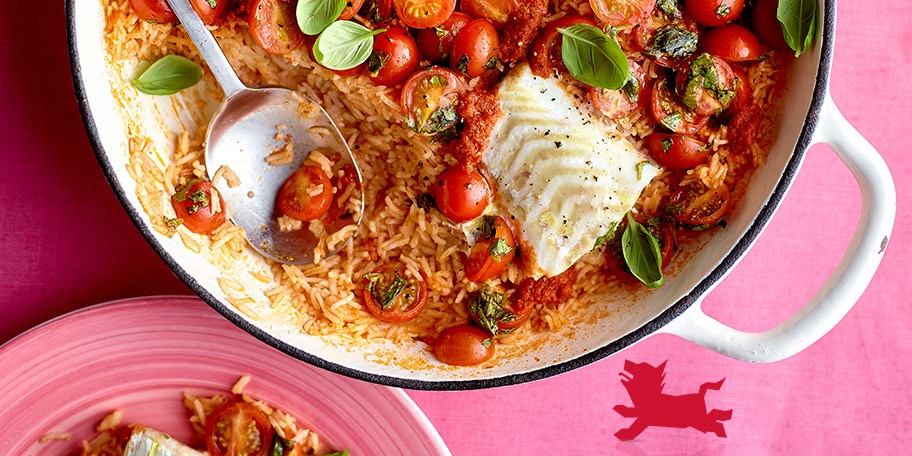 Cabillaud au riz, tomates cerise et pesto rouge