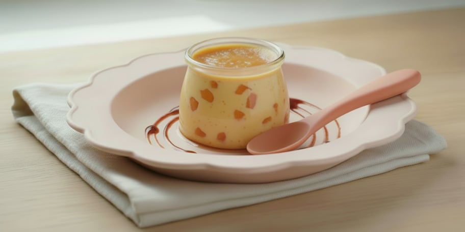 Flan met abrikozen en frambozencoulis 12-24 maanden