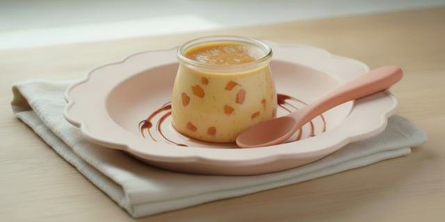 Flan met abrikozen en frambozencoulis 12-24 maanden