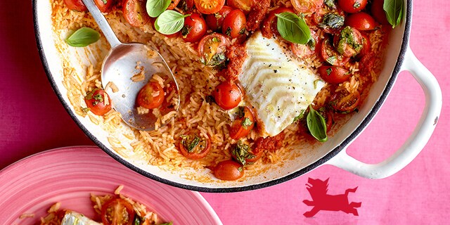 Kabeljauw met rijst, kerstomaten en rode pesto
