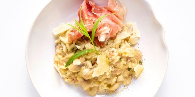 Risotto à l'huile de truffe, champignons et pancetta
