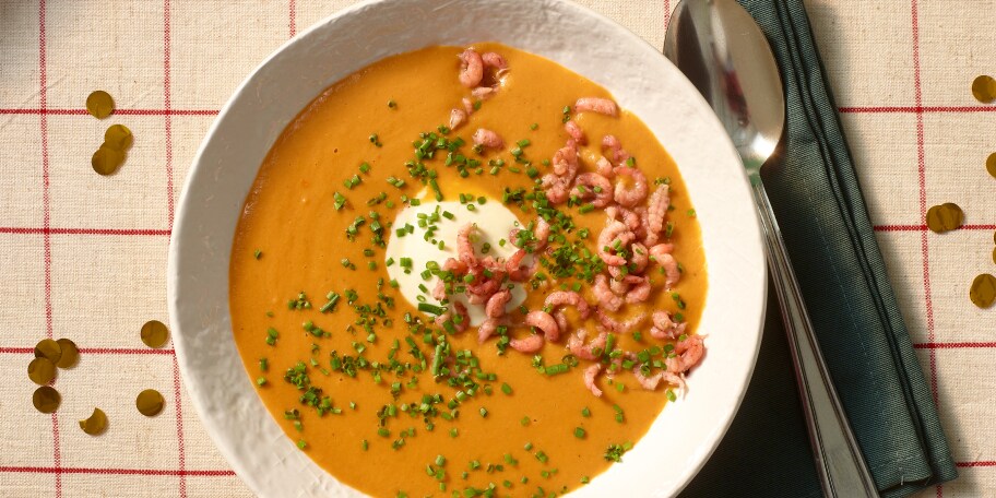 Butternutsoep met grijze garnalen