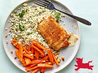 Cordon bleu met bloemkoolrijst en gegrilde wortelen met honing