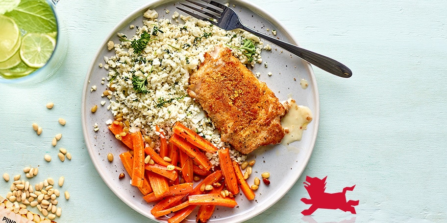 Cordon bleu met bloemkoolrijst en gegrilde wortelen met honing