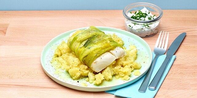 Skreirollades met prei en gepureerde aardappel